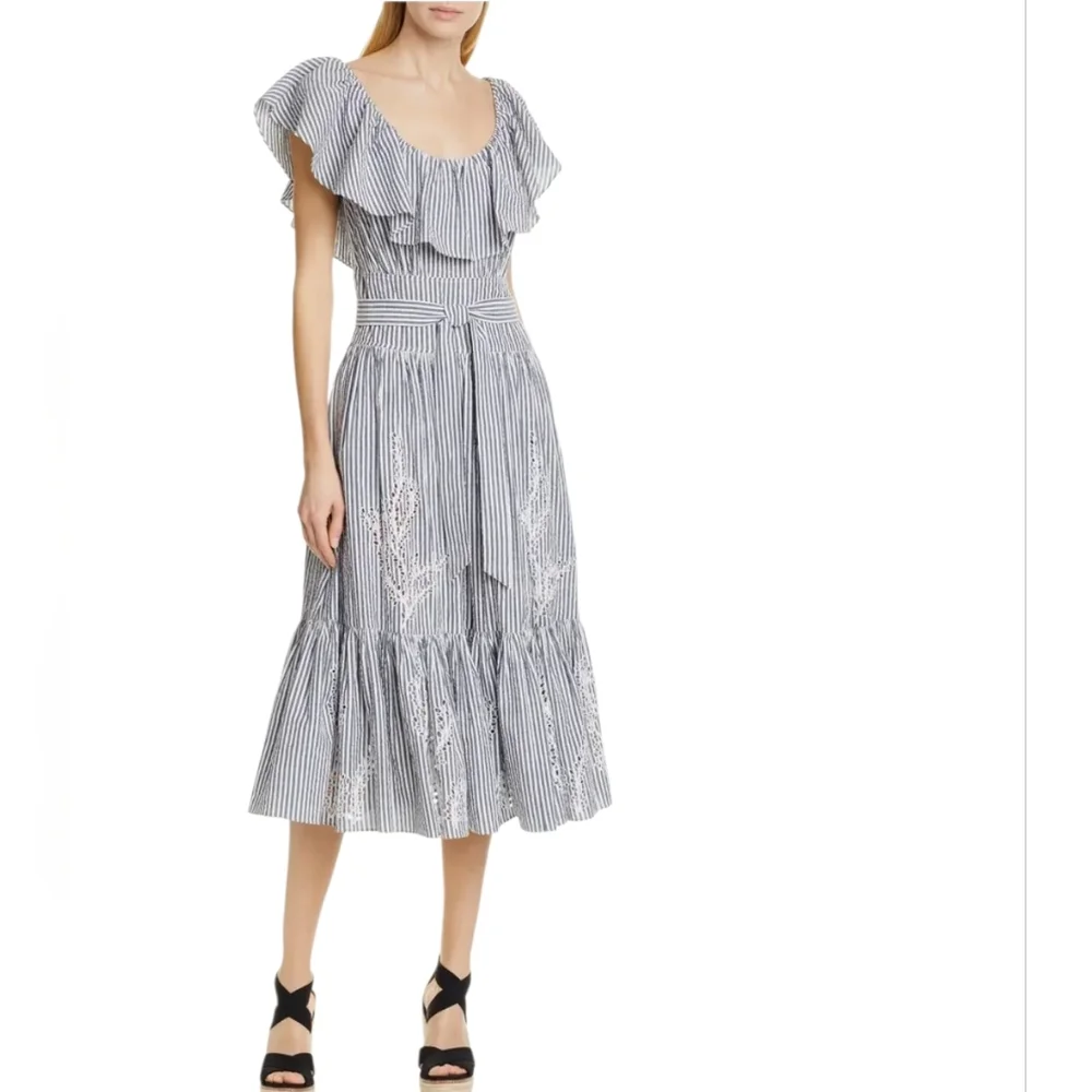 Tory Burch Eyelet Embroidered Dress Blue Stripe‎ Women's 2 Summer